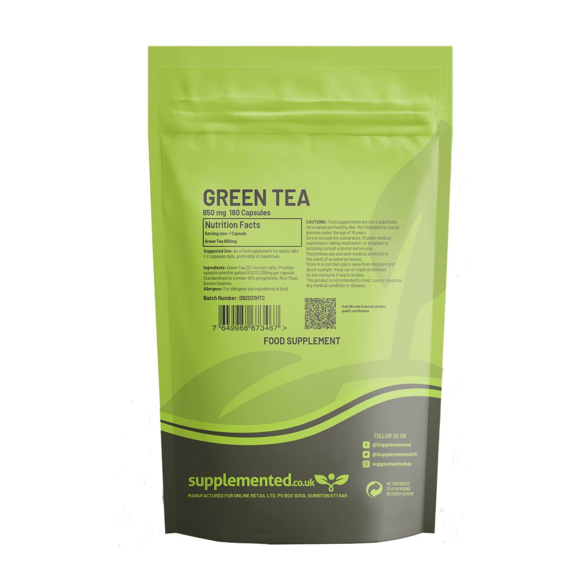 Green Tea Extract 850mg Capsules – Supplemented